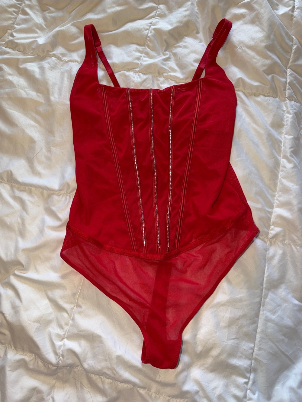Auden Red One-Piece Bodysuit with Sheer Hip Panels